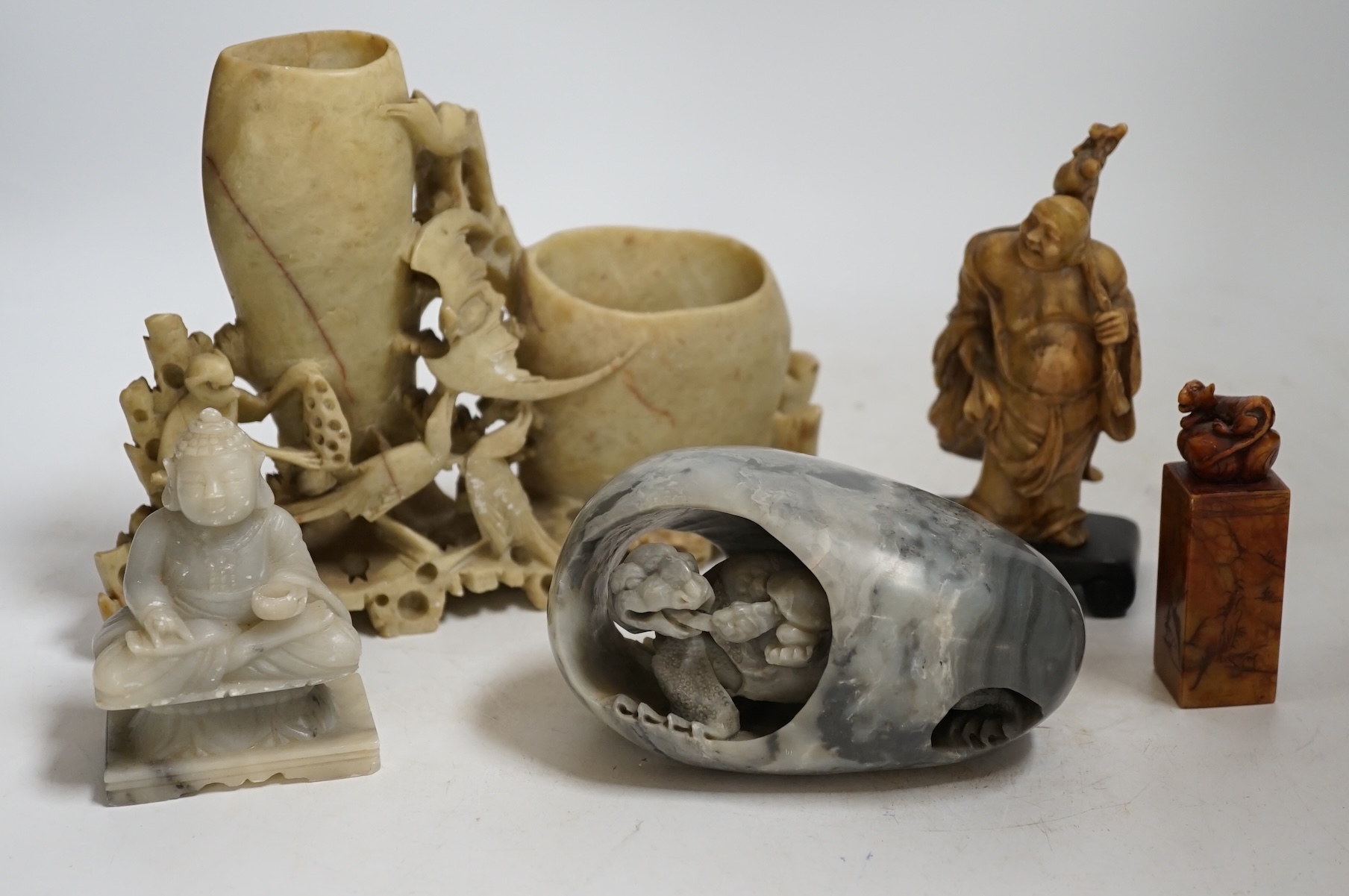 A collection of Chinese soapstone carvings, bowenite jade etc. largest 23cm wide. Condition - varies, mostly fair